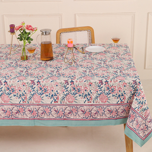COTSILER Premium Hand-block Printed Cotton Floral <b>Tablecloth</b> Pre-Washed Rectangular Cover Event Dining Thanksgiving <b>Pink</b> - Product Image 3