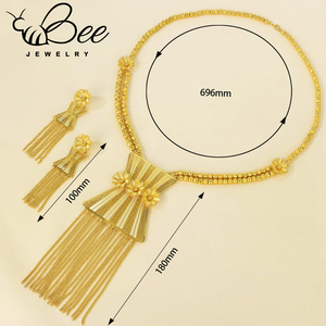 Parure de bijoux de mariage éthiopienne nigériane en or 24 carats, collier long en alliage de titane, boucles d'oreilles imposantes - Product Image 6