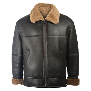 Men's Genuine Leather Aviator <b>Jacket</b> <b>With</b> Faux Fur <b>Lining</b> Windproof Winter Biker Coat Regular Fit Turndown Collar Zipper Closure - Product Image 2