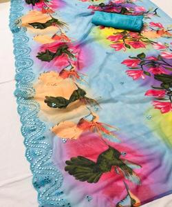 Sari with Blouse Cheap Low Price Wholesale Market Ladies Saree Party Wear Wedding <b>Indian</b> Net <b>Fabrics</b> Lace Border Embroidery Work Apparelgarment - Product Image 3