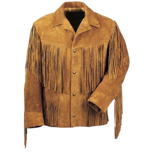 Veste en daim marron personnalisée pour homme, respirante, coupe-vent, fermeture à boutons-pression, col rabattu, franges décoratives, usine OEM - Product Image 1