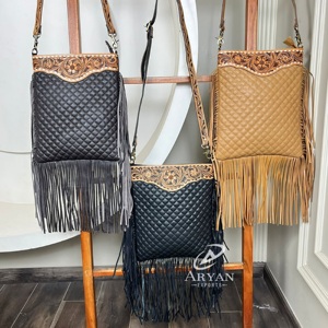 New Designer Hand Tooled Quilted Leather <b>Large</b> Fringe Crossbody Shoulder Bag High Quality Genuine Leather Luxury Women <b>Handbag</b> - Product Image 1