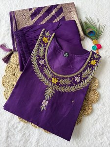 Conjunto Kurti de tela Vaticana de mujer de calidad premium Chanderi Zari Digital impreso Dupatta trabajo manual de tres piezas - Product Image 3