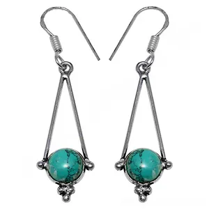 Boucles d'oreilles pendantes géométriques en forme de goutte d'eau plaquées argent avec turquoise sertie pour femme, style bohème, bijoux de mariage - Product Image 3