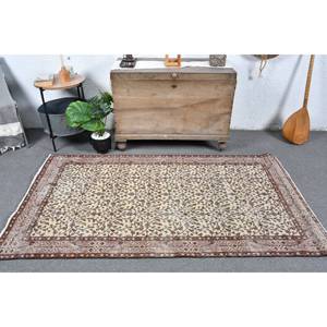 Classic Beige <b>Brown</b> Handmade <b>Wool</b> Turkish Rug 3.7 X 6.7 ft Rectangular Eco-Friendly Patchwork Design for Hallway Entryway Living - Product Image 1