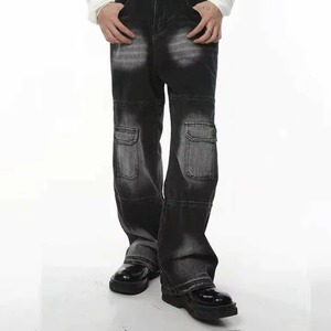 Pantalones Cargo Vaqueros Anchos de Mezclilla con Recubrimiento Estilo Punk de Alta Calidad para Hombre, Lavado Vintage Americano, Color Negro Desteñido - Product Image 4