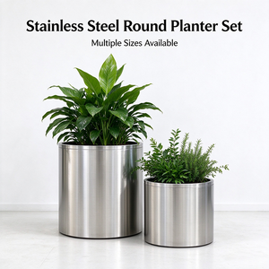 Jardinière cylindrique moderne en acier inoxydable, grand pot à fleurs rond en métal pour intérieur, extérieur et jardin commercial - Product Image 2