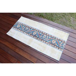 Alfombra Turca Vintage, Alfombra de 1.8x3.8 pies, Alfombra Azul con Rayas Pequeñas - Product Image 3