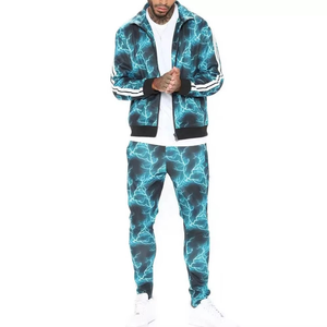 Conjunto de chándal con estampado de relámpago azul eléctrico para hombre Chaqueta y pantalones deportivos con cremallera completa personalizada Ropa atlética de dos piezas OEM a granel - Product Image 2