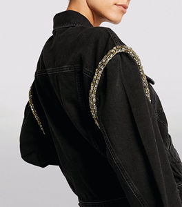 2025 Women's Black Denim Jacket <b>Button</b> Closure Outer Pocket Crystal Decoration Fashion Trend Simple Unique For Women - Product Image 4