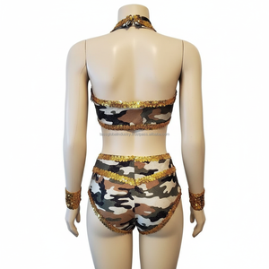 Conjunto de 2 Piezas de Disfraz de Baile con Estampado de Camuflaje, Top Halter con Lentejuelas y Pantalones Cortos, Ropa de Actuación para Mujer, Atuendo Rave con Flecos - Product Image 3