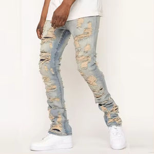 กางเกงยีนส์ทรงตรงเอวสูงสไตล์วินเทจสำหรับผู้ชาย แต่งขาดแบบดิสเทรส สไตล์ไฮสตรีท ล้างสี ซับในผ้าฟลีซ กันน้ำ - Product Image 2