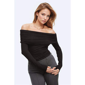 Haut moulant noir à épaules dénudées en jersey, tissu viscose - Product Image 1