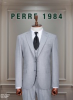 Costume d'affaires gris pour homme, trois pièces, croisé, col mandarin, infroissable, grande taille, en laine peignée, style britannique