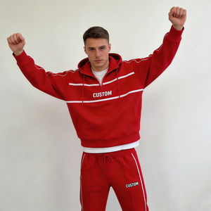 Sweat à capuche décontracté pour homme, tendance, rouge, avec imprimé lettres personnalisées, rayures blanches, coupe oversize, fermeture éclair, en mélange de coton, style streetwear quotidien - Product Image 3