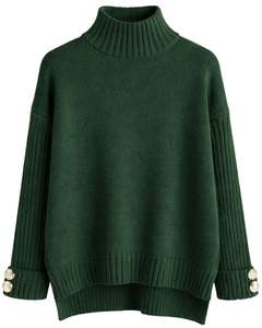 Ensemble pull en tricot vert foncé et pantalon large pour femme, col montant, pull confortable pour le salon, vêtements d'hiver, fabricant personnalisé OEM - Product Image 1