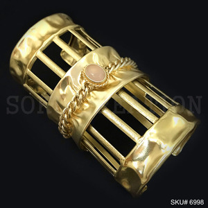 Brazalete y brazalete de diseño de alambre trenzado de piedras preciosas de cuarzo rosa hechos a mano grandes chapados en oro para niñas y mujeres SKU6998 - Product Image 2