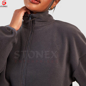Sudadera de lana Polar de gran tamaño de alta calidad con media cremallera para mujer, sudaderas con capucha de poliéster liso cálido para invierno con cuello levantado - Product Image 4