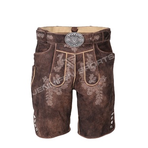 Bavarian Men's Lederhosen สั้นหนัง Cowhide แท้ด้านหน้าปักปุ่มปิดด้านข้างและกระเป๋าด้านหลังพร้อมห่วงเข็มขัด - Product Image 1