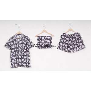 Ensemble de pyjama pour femmes en coton 100% pur, élégant, à motifs floraux imprimés en bloc, manches courtes, col en V, fermeture à cordon de serrage doux - Product Image 3