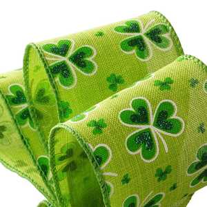St. Patrick's Day Shamrock Natural <b>Ribbon</b> 100% Polyester Luxury Single Face Grosgrain Fabric Printed Embroidered Flowers Pattern - Product Image 3