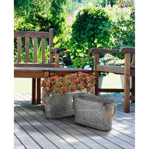 Maceta de flores de Metal de forma redonda para el hogar, macetas galvanizadas decorativas para exteriores e interiores con asas de cuerda - Product Image 4