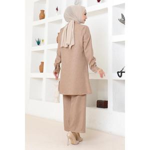 MSW19224-4 Conjunto de Dos Piezas Color Taupe con Detalle de Volantes, Estilo Casual Diario, Top y Pantalones Midi, Estampado Sólido, Tejido de Algodón, ODM, Uso Diario - Product Image 4