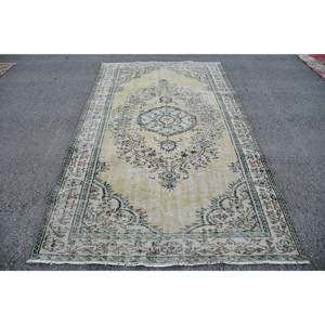 Classic Vintage Turkish Rug 5.2 X 9ft <b>Yellow</b> Green Patchwork Design <b>Wool</b> Flat Weave for Living Room Decorations Latex Backed - Product Image 1