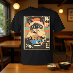 T-shirt promotionnel avec illustration de chat mignon, chat siamois kawaii mangeant des nouilles ramen, style anime - Product Image 3