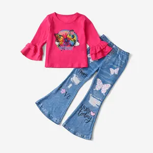 1-5Y Fashion kids outfit sets girls 2 pc Rose Red Butterfly Print T-shirt and Denim Pant Girl kids clothing sets