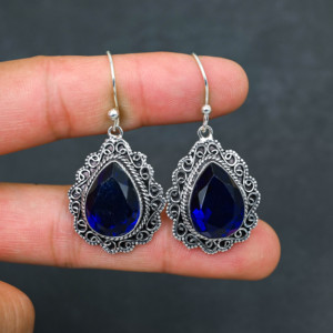 Boucles d'oreilles créoles en saphir bleu, argent 925, luxe - Product Image 4