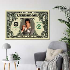 Arte de pared moderno en lienzo de Scarface Dollarschein para la frase 'Who Do I Trust?' Diseño con Marco Negro - Product Image 2