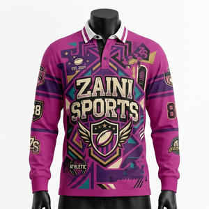 เสื้อรักบี้ผู้ชาย ผ้าโพลีเอสเตอร์อินเตอร์ล็อคคุณภาพพรีเมียม สีม่วงแดง ดีไซน์แผงสีม่วงแดง พร้อมโลโก้แบบซับลิเมชั่นสั่งทำพิเศษ เสื้อรักบี้สำหรับเสื้อโปโล - Product Image 1