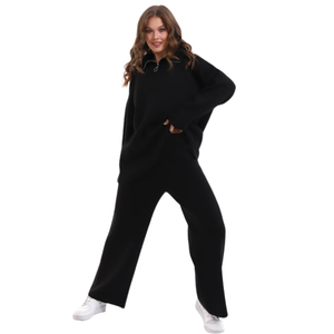 Ensemble de tricot uni à fermeture éclair deux pièces vêtements de sport surdimensionnés tenue quotidienne ensemble de survêtement à manches longues ensemble de tricot double élégant - Product Image 1