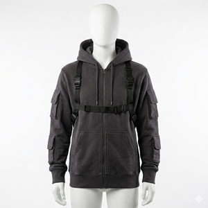 Sweat à capuche tactique gris anthracite pour femme, col montant avec sangles à boucles, veste technique en polaire multi-poches, devant - Product Image 1