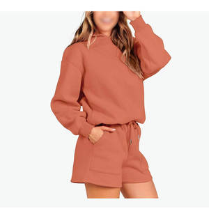 Conjunto de Sudadera con Capucha y Pantalones Cortos Casuales para Mujer, Calidad Premium, Logotipo Personalizado, Mangas Completas, Precio de Fábrica, Diseño Sólido, 2 Piezas - Product Image 4