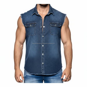 Gilet en jean sans manches pour homme, personnalisé OEM, style rétro, coupe ajustée, débardeur musculaire avec doubles poches et bords bruts - Product Image 6