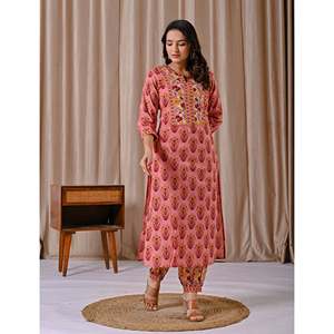 Casual <b>Peach</b> Butta Block Printed Straight Kurta Set Spring/Summer Three-Quarter Sleeve Afghani <b>Top</b> - Product Image 6
