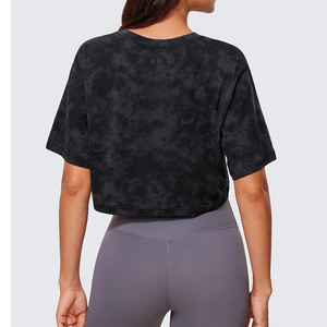 T-shirt court noir 2025 le plus à la mode pour femmes coupe ample avec col rond teinture noire haut court Jersey impression numérique - Product Image 3