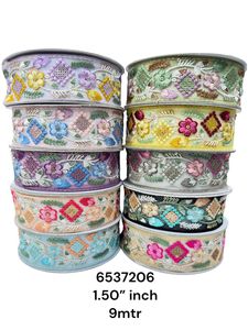 Custom Made Ten-<b>Coloured</b> Options Floral Designed Embroidered Thread Work Laces 1.5 Inch Width Silk Cotton Organza Sequins for - Product Image 6