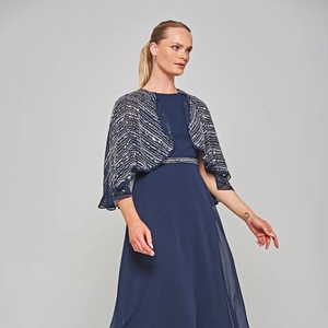 Robe longue élégante droite à manches cape ornée de perles à sequins avec ceinture brodée et décoration perlée - Product Image 1