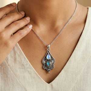 Collier en labradorite et pierre de lune arc-en-ciel, pendentif double pierre en argent sterling 925 - Product Image 5