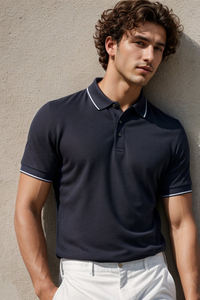 เสื้อโปโลผู้ชายลำลองสำหรับเล่นกอล์ฟ ผ้าฝ้าย 100% ซิป แขนสั้น ผ้าถักแบบริบ ระบายอากาศ ลายเรียบ - Product Image 2