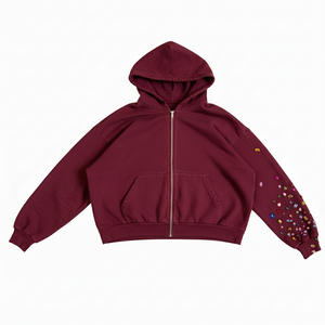 Sudadera con Capucha Personalizada de Invierno, Estilo Urbano, Lavado Ácido, Cierre de Cremallera, Diseño Desgastado, Estampado Digital con Pedrería, para Hombre y Unisex - Product Image 6