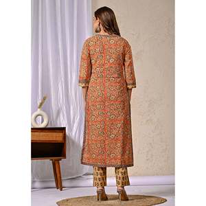 Orange Jaal Hand Drawn <b>Block</b> <b>Printed</b> Cotton Kurta Pant Set Heavy Net Indian Pakistani for Daily Wear Parties Ethnic Occasions - Product Image 3