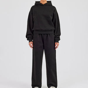 Vente chaude Conception Personnalisée Noir Femmes 2 Pièces Survêtement À Capuche Pantalon De Survêtement Jogger Ensemble pour L'hiver Gym Workout Solide Streetwear - Product Image 1