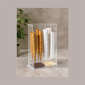 Support de présentation moderne et simple en plastique transparent pour cornets, tasses, cuillères, lingettes, 37x18h58 cm, pliable, rotatif, épaisseur 4 mm - Product Image 3
