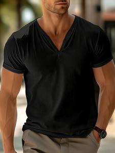 Moda de verano para hombre para camisa POLO 100% algodón Color sólido ligero Casual hogar suelto botón cuello en V pulóver de manga corta Breatha - Product Image 3