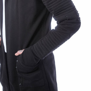 Sudadera con capucha para hombre, negra, larga, estilo urbano, 100% algodón, con cremallera completa, dobladillo curvo, para gimnasio, con logo personalizado, OEM, al por mayor - Product Image 4