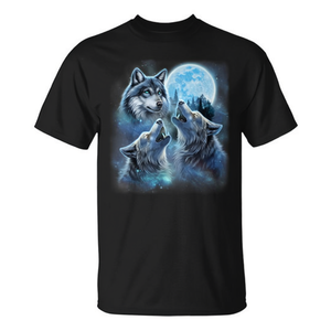 T-shirt promozionale da uomo con tre lupi maestosi avvolti nelle nuvole della galassia sotto la luna ghiacciata - Product Image 2